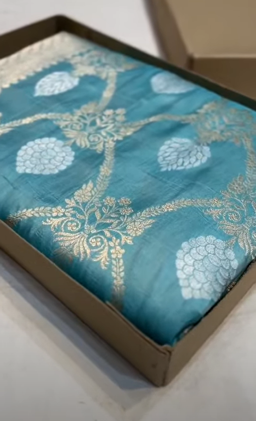 Dual Tone Turquoise and Green Banarasi Katan Silk Saree with Gold and Silver Sona Rupa Zari Weaving and Silk Mark Tag.