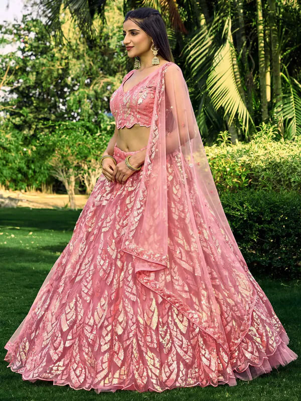 Pink Soft Net Lehenga with Sequins & Thread Work