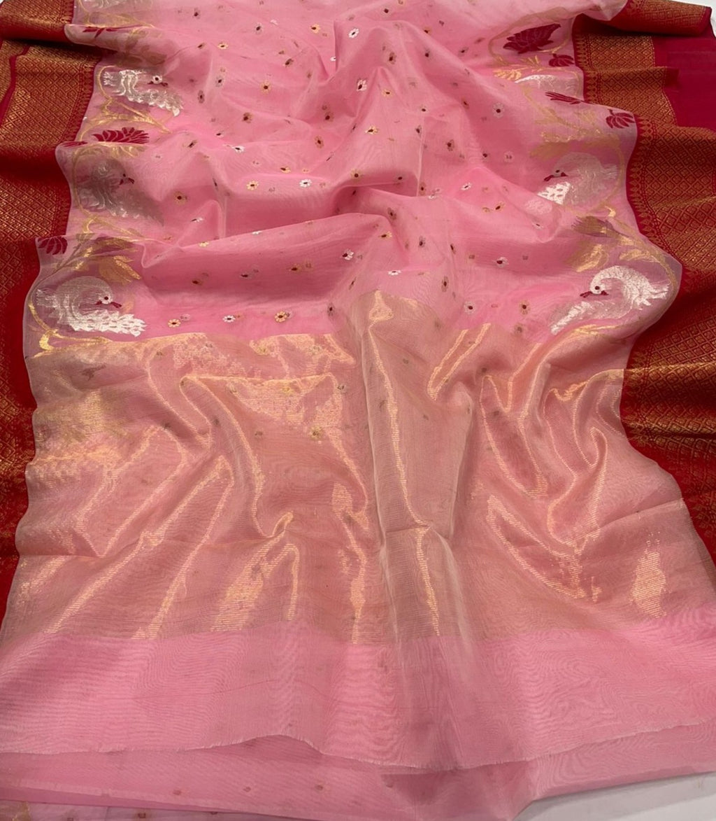 Coral Pink Chanderi handloom Katan Silk Meenakari Saree