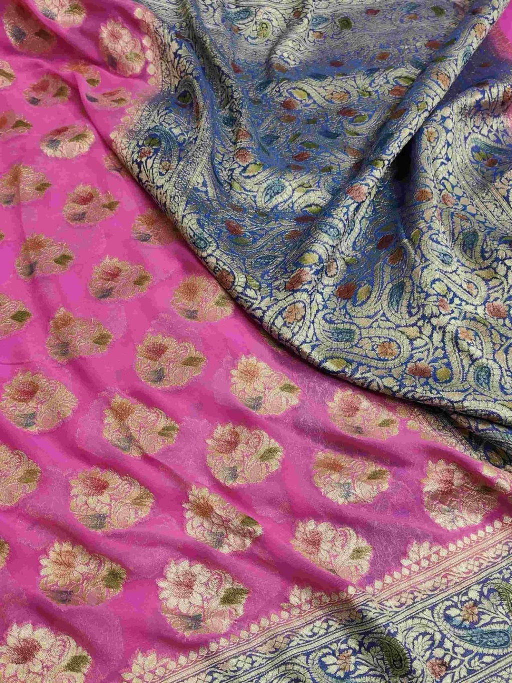 Hot Pink Banarasi Håndvævet Vand Zari Georgette Silkesari