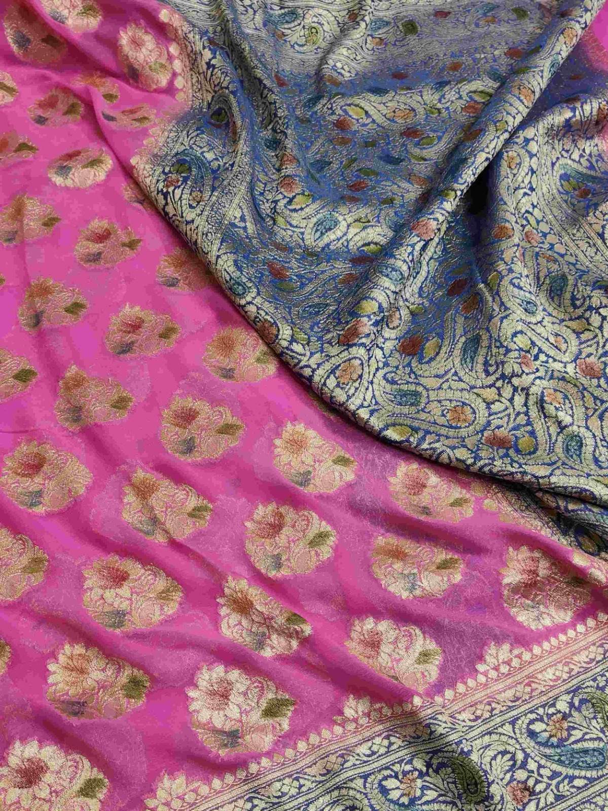 Hot Pink Banarasi Håndvævet Vand Zari Georgette Silkesari