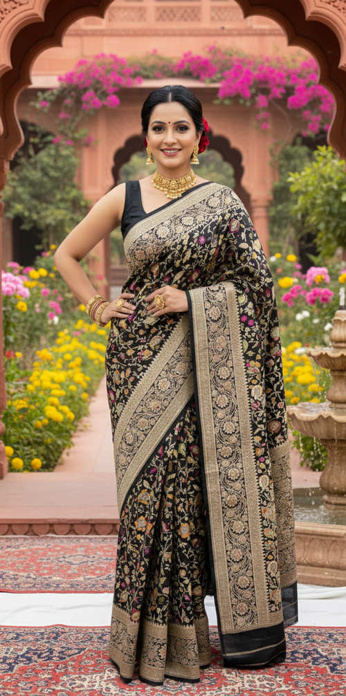 A royal black Banarasi Katan silk saree featuring colorful Tilfi Meenakari floral buttas and an intricate gold zari border.