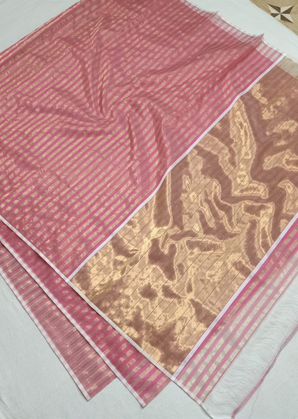 Pastel Pink Chanderi Handloom Cotton Silk Striped Saree