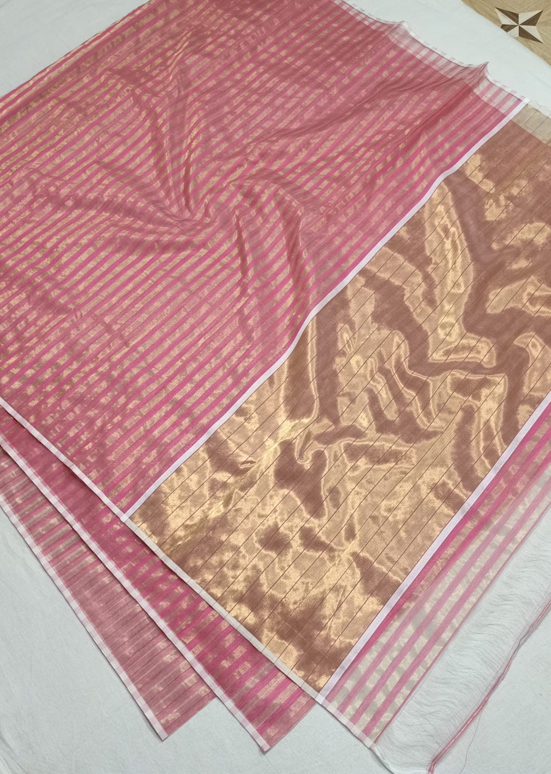 Pastel Pink Chanderi Handloom Cotton Silk Striped Saree