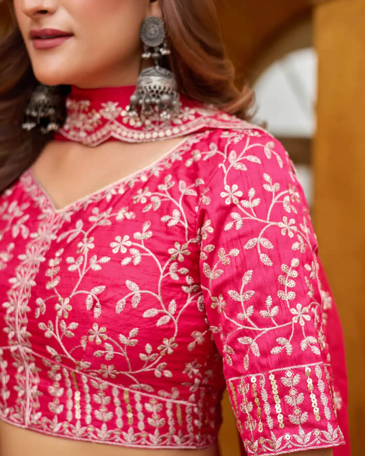 Hot Pink Taby Silk Lehenga with Floral Print & Embroider