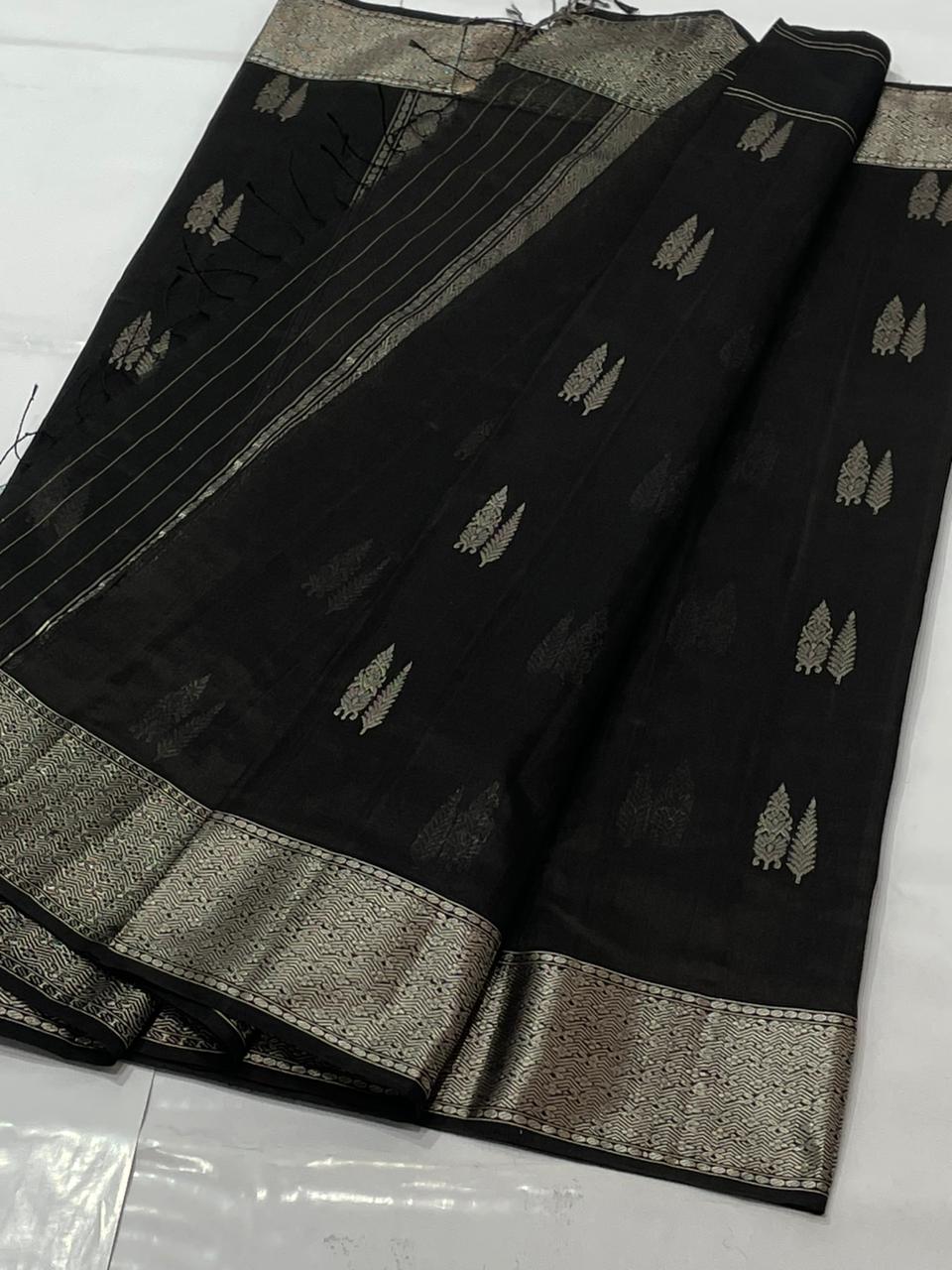 Black Chanderi Handloom Pattu Silk Saree