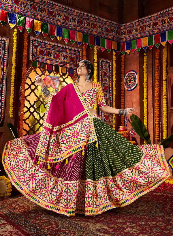 Multi Color Printed Mirror & Embroidered Navratri Lehenga
