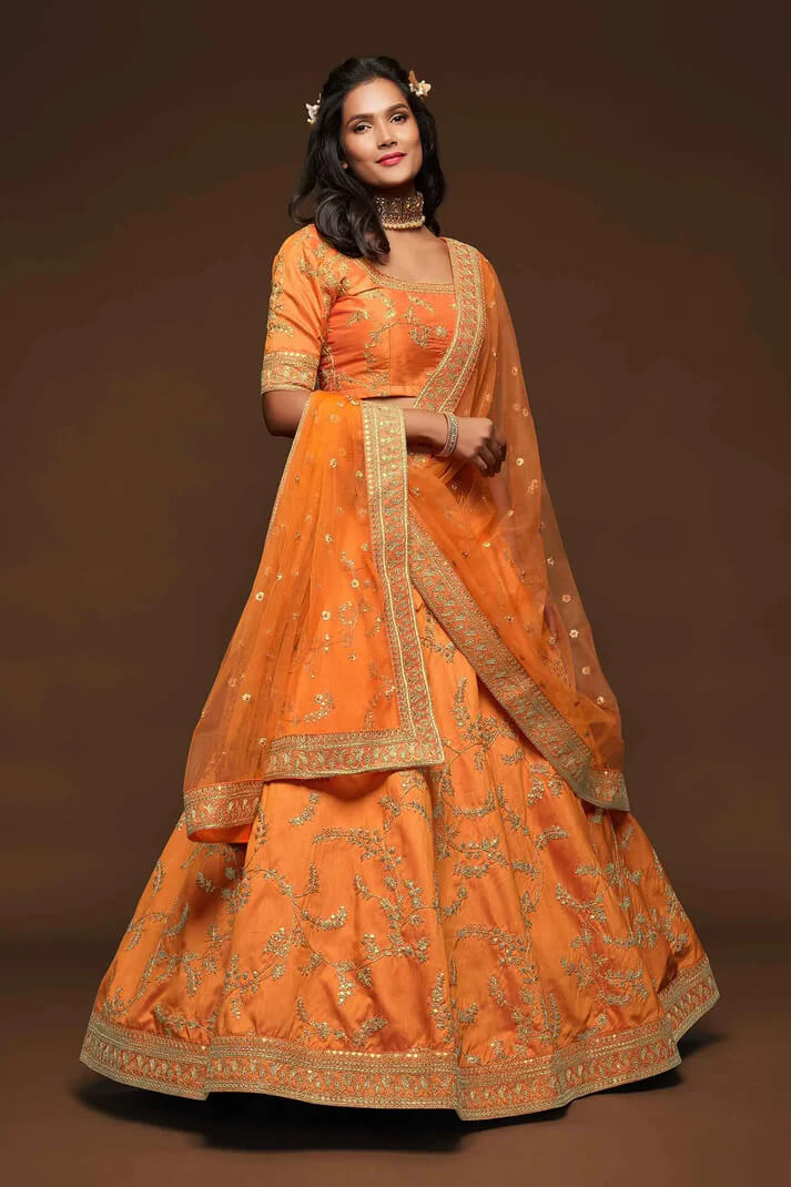 Orange  Silk Lehenga with Thread, Zari & Sequins Work