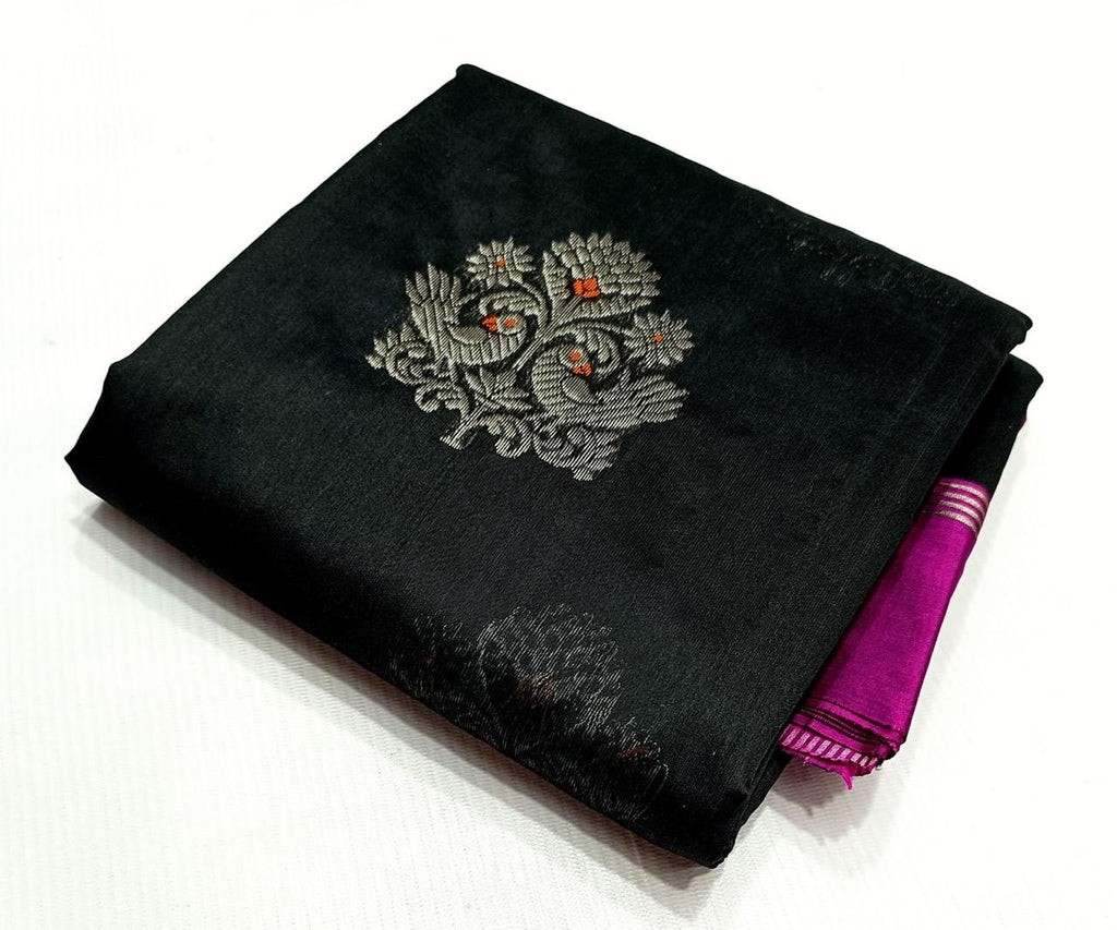Black Chanderi Handloom Pattu Silk Eknal Buttas Saree