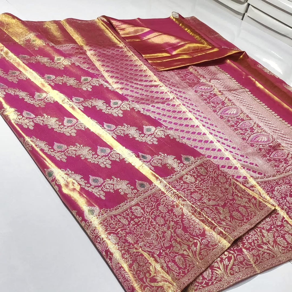 Hot Pink Kanchipuram Handloom Tissue Brocade 1G Gold Bridal Saree