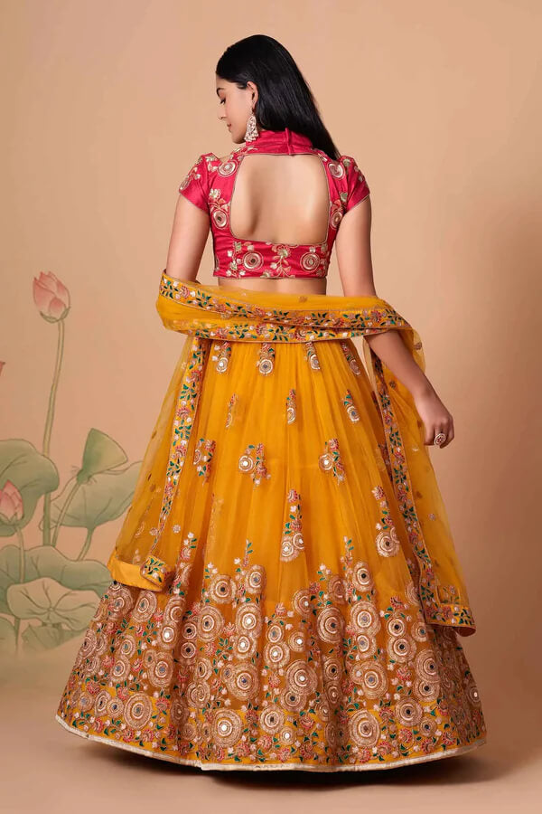 Yellow Net Lehenga with Zari, Sequins & Mirror Work