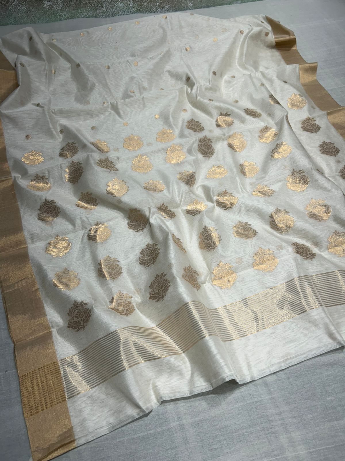 Pearl White Chanderi Handloom Cotton Silk Saree