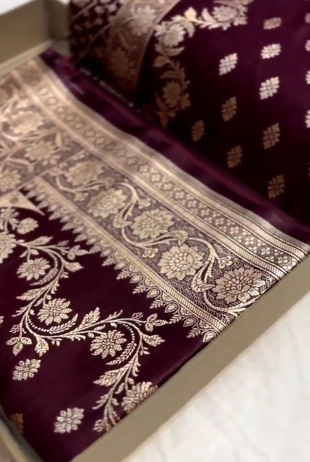 Wine Banarasi Satin Katan Silk Saree