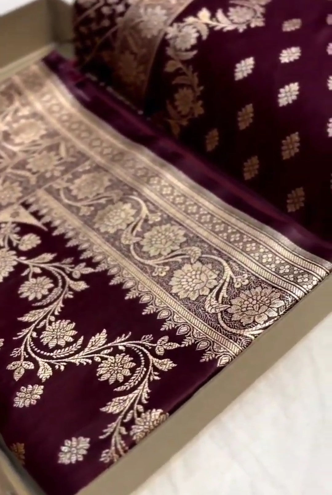 Wine Banarasi Satin Katan Silk Saree