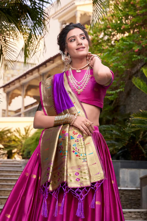 Pink Zari Weaving Paithani Lehenga Choli in Jacquard Silk