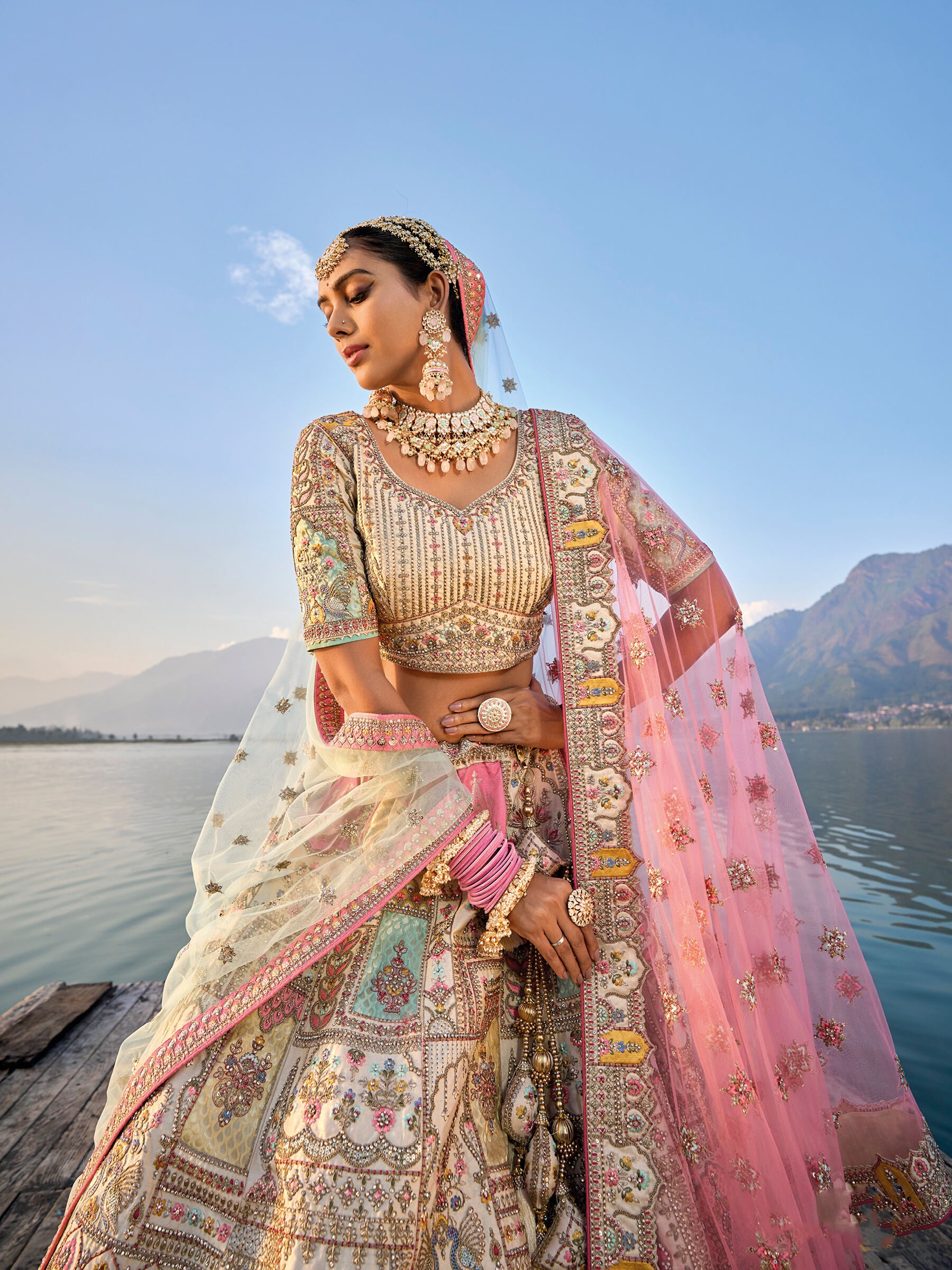 Beige Silk Embroidered Bridal Lehenga Choli Set