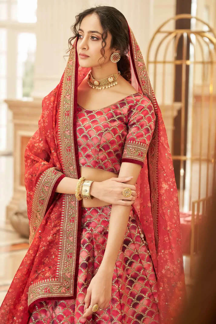 Red Brown Lehenga with Thread, Zari & Sequins Work