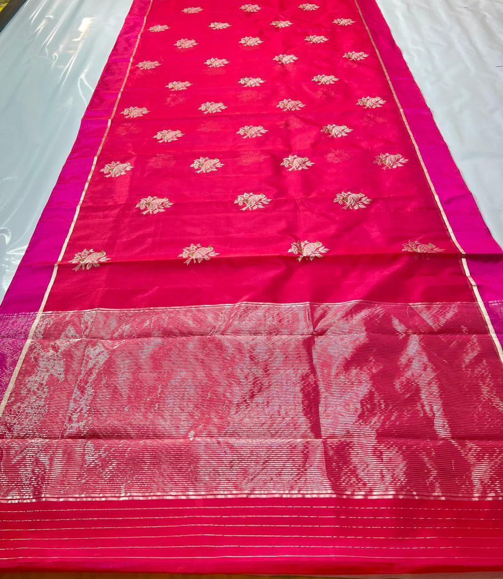Red Chanderi Handloom Pattu Silk Eknal Buttas Saree