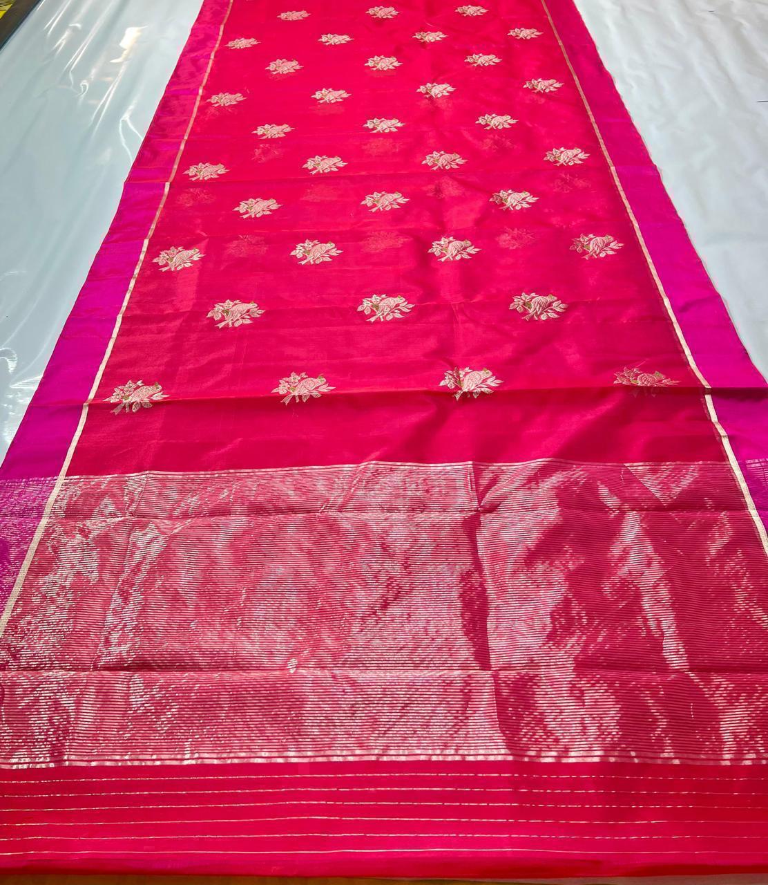 Red Chanderi Handloom Pattu Silk Eknal Buttas Saree