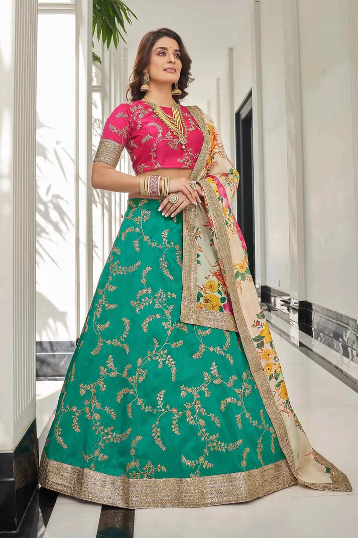 Green White Art Silk Lehenga with Zari & Sequins Work