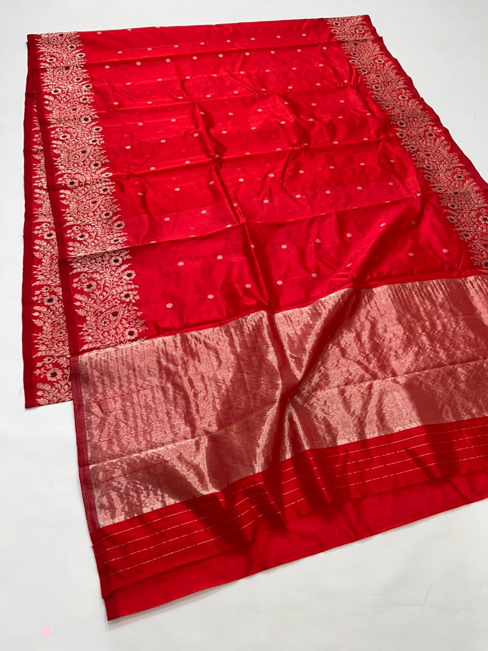 Red Chanderi Handloom Pattu Silk Meenakari Handwork Saree