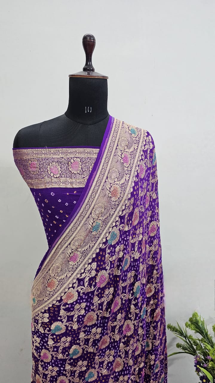 Purple Banarasi Handloom Gold Zari Bandhani Georgette Silk Saree