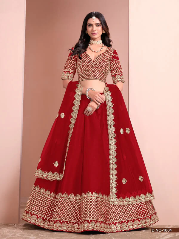 Red Art Silk Lehenga with Paper Mirror & Embroidery