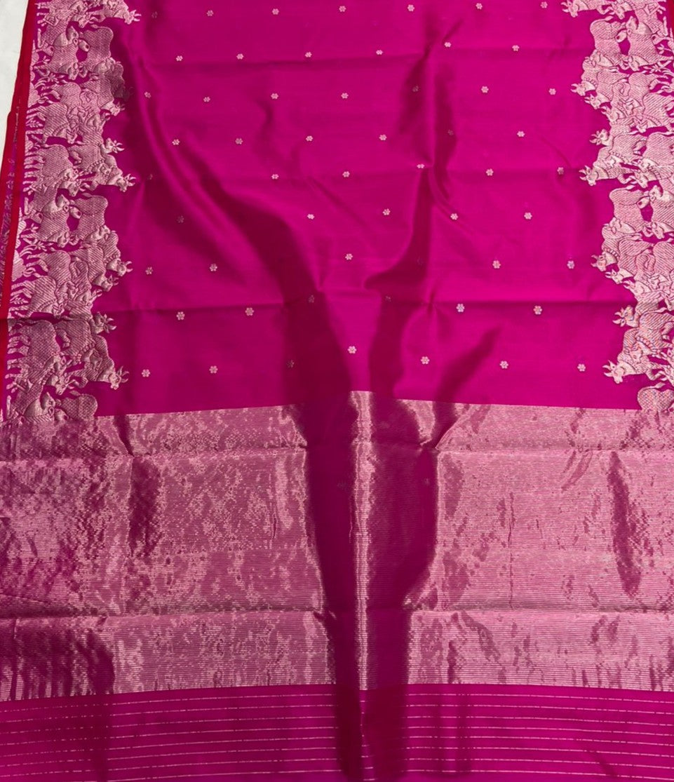 Hot Pink Chanderi Handloom Pattu Silk Handwork Saree