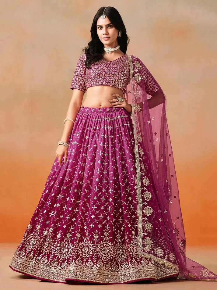 Red-Pink Georgette Lehenga with Zari & Sequins Work