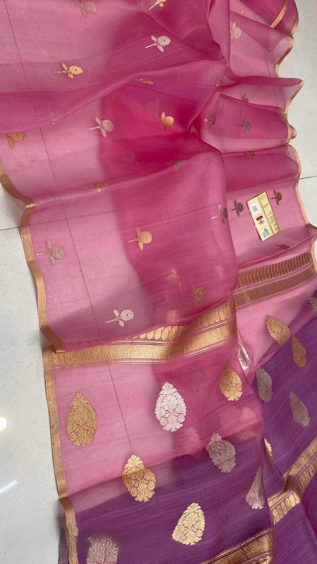 Rani Pink Banarasi Handloom Kora Organza Silk Saree