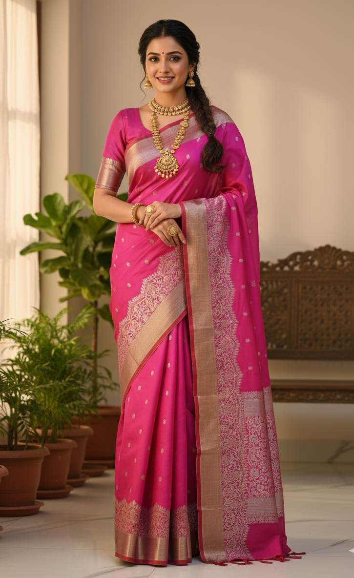 Hot Pink Chanderi Handloom Pattu Silk Meenakari Handwork Saree