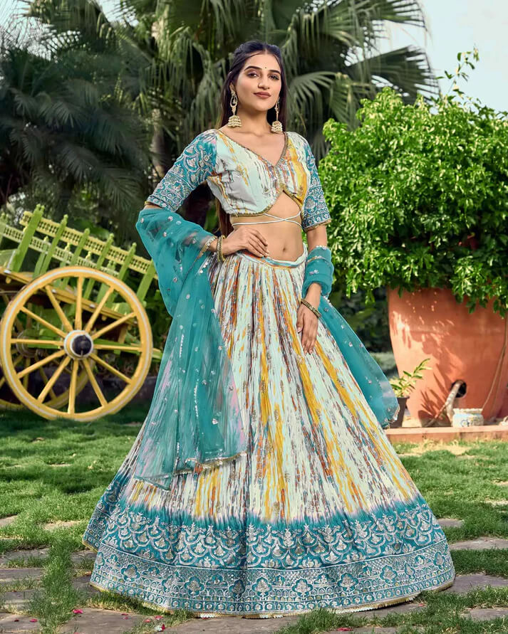 Sea Blue Designer Lehenga with Sequins, Zari & Digital Print