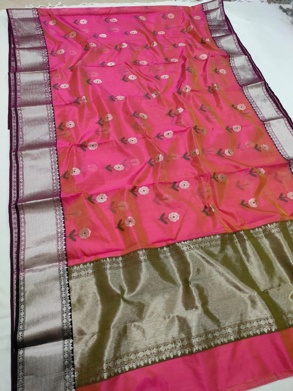 Hot Pink Chanderi Handloom Pattu Silk Meenakari Saree