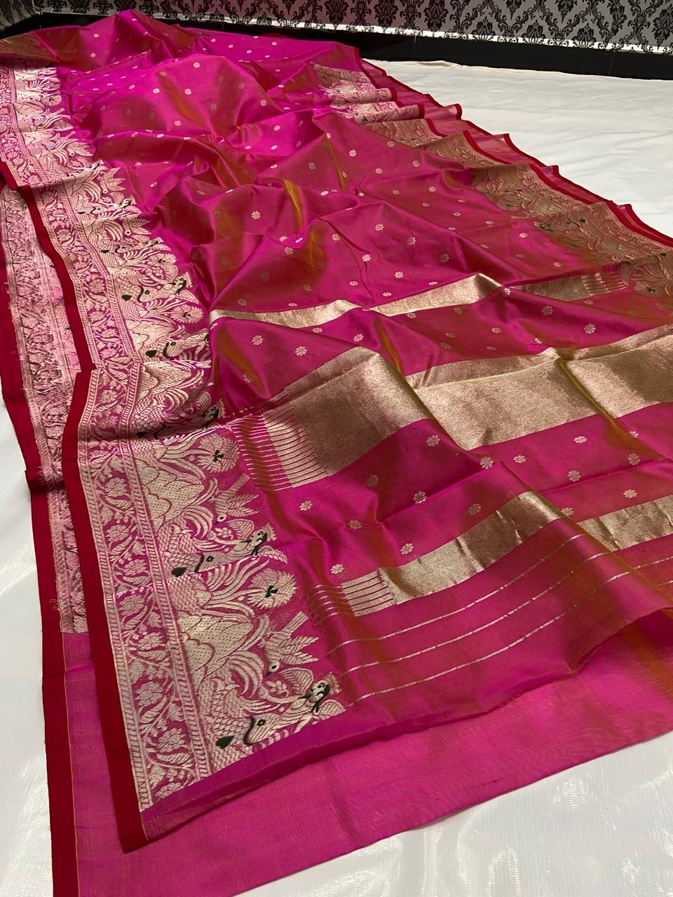Hot Pink Chanderi Handloom Pattu Silk Meenakari Handwork Saree