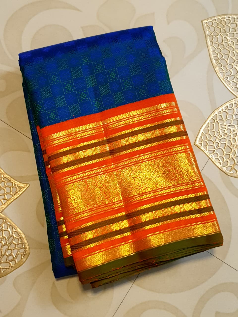 Peacock Blue Kanchipuram Handloom 2G Gold Pattu Silk Saree
