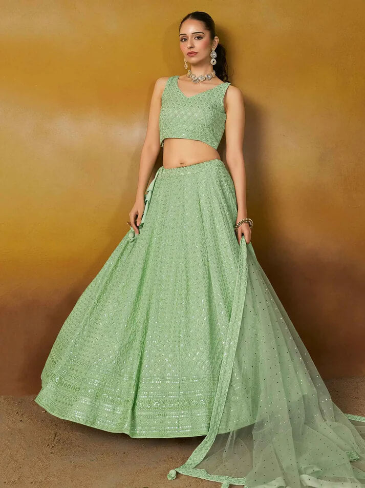 Light Mint Green Designer Lehenga with Sequins & Dupatta