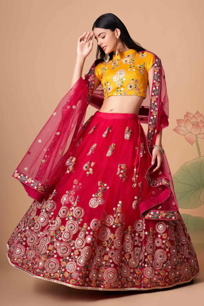 Red Net Lehenga with Zari, Sequins & Mirror Work