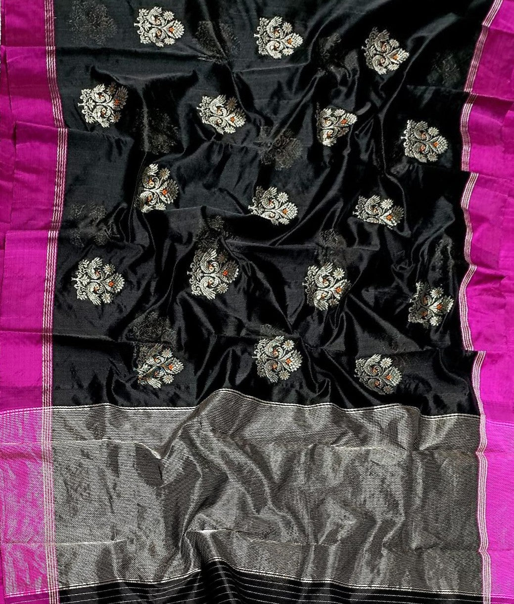 Black Chanderi Handloom Pattu Silk Eknal Buttas Saree