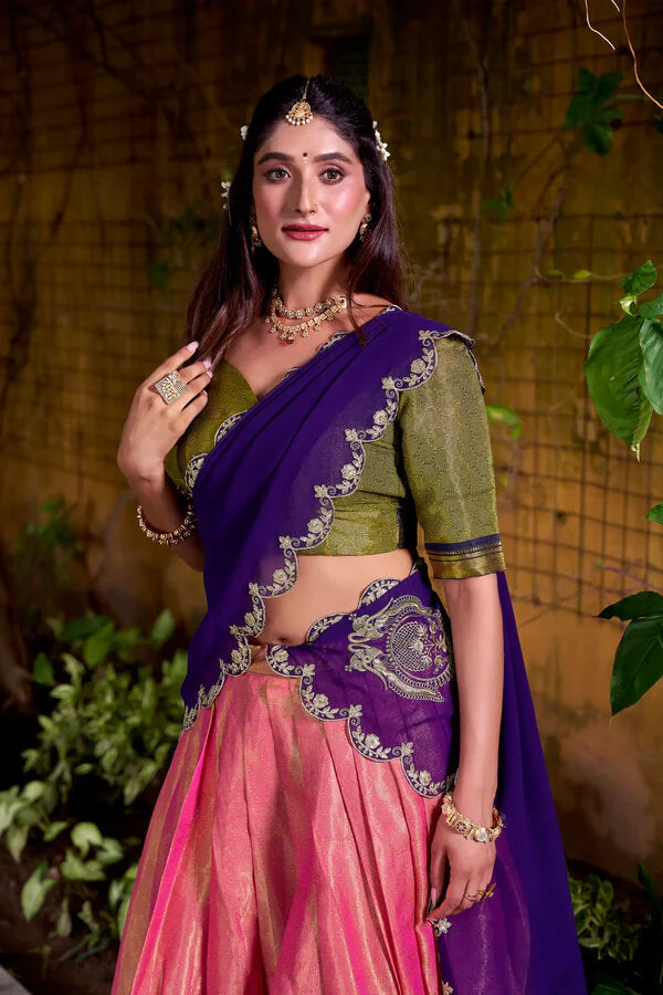 Peach Pink Ethnic Lehenga Choli with Kanchipuram Zari Work