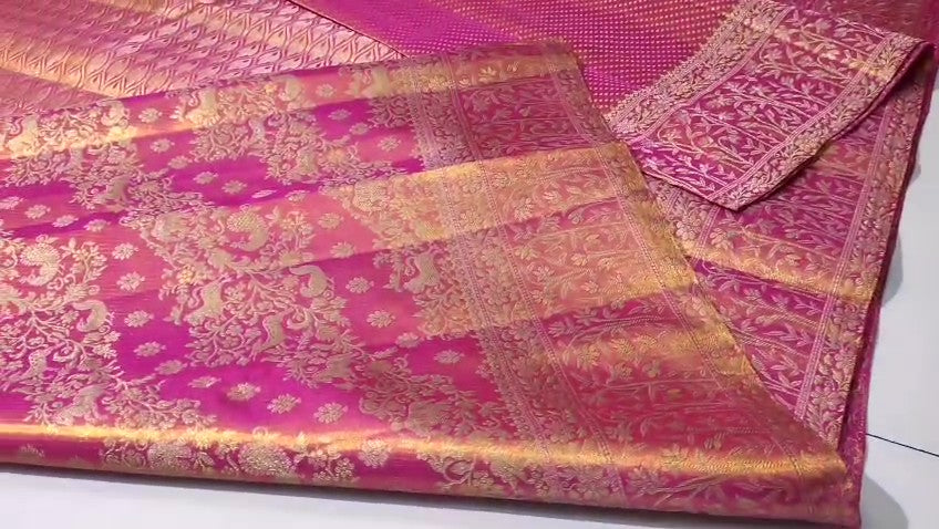 Hot Pink Kanchipuram Handloom Tissue Brocade Bridal Silk Saree