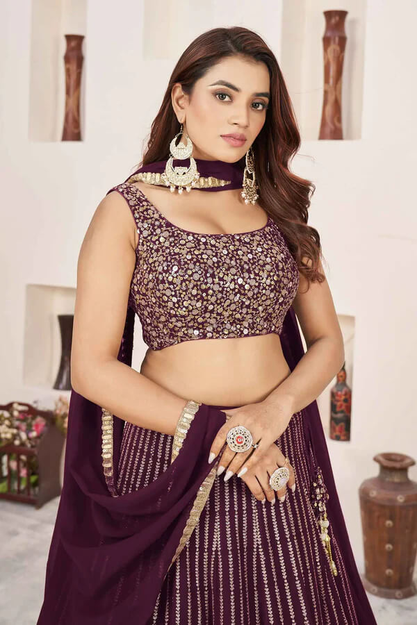 Wine Georgette Lehenga with Sequins & Zari Work