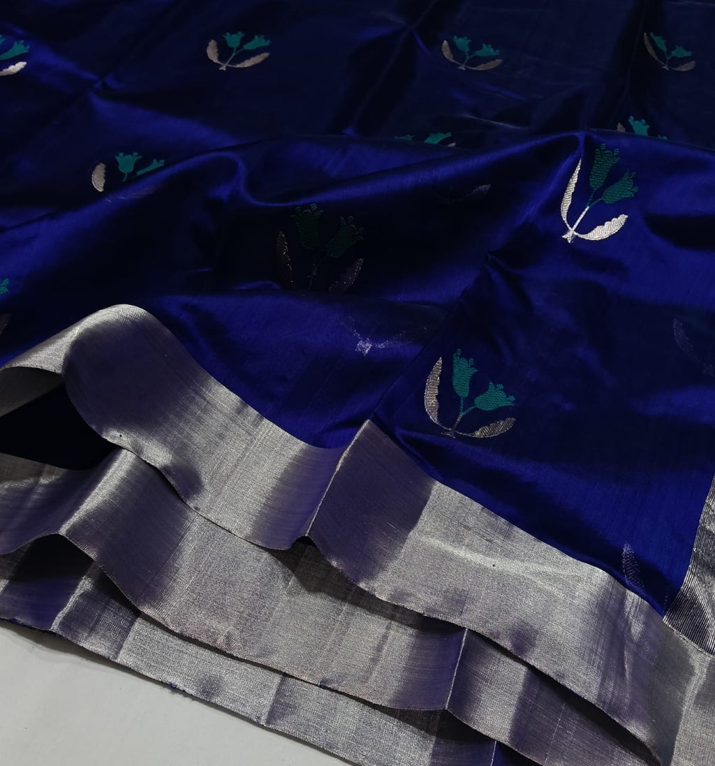 Blue Chanderi Handloom Pattu Silk Eknal Buttas Meenakari Saree