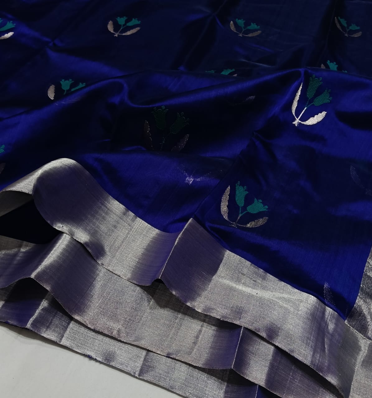 Blue Chanderi Handloom Pattu Silk Eknal Buttas Meenakari Saree