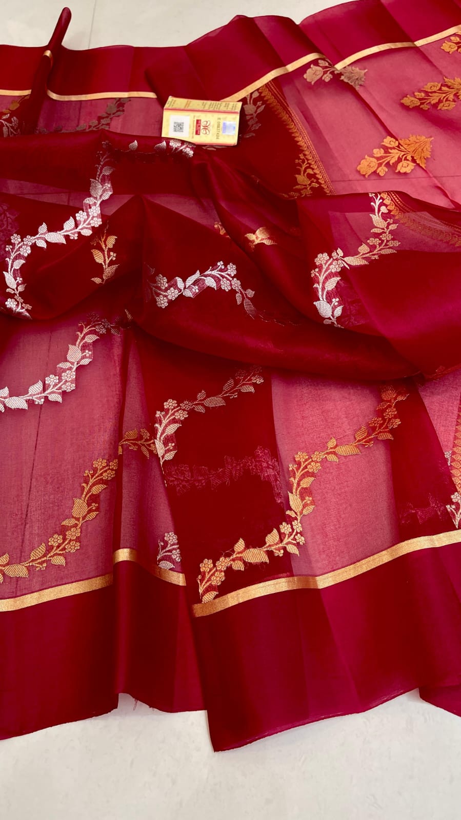 Rustic Red Banarasi Handloom Kora Organza Silk Saree