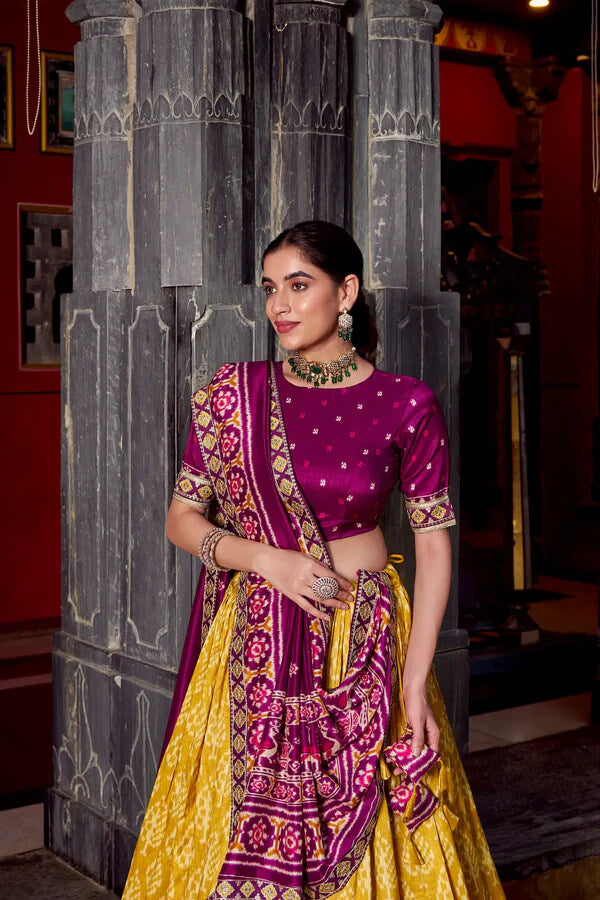 Mustard Yellow Silk Lehenga with Vibrant Ikkat Patterns