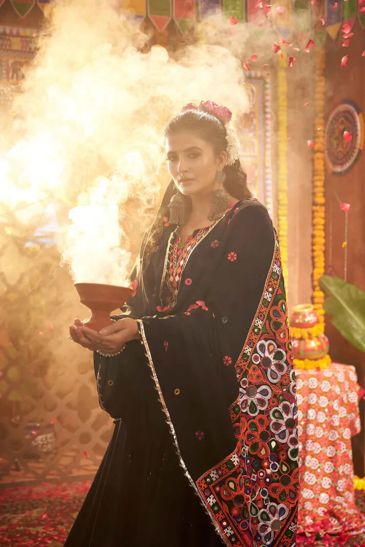 Designer Black Mirror & Thread Work Navratri Lehenga