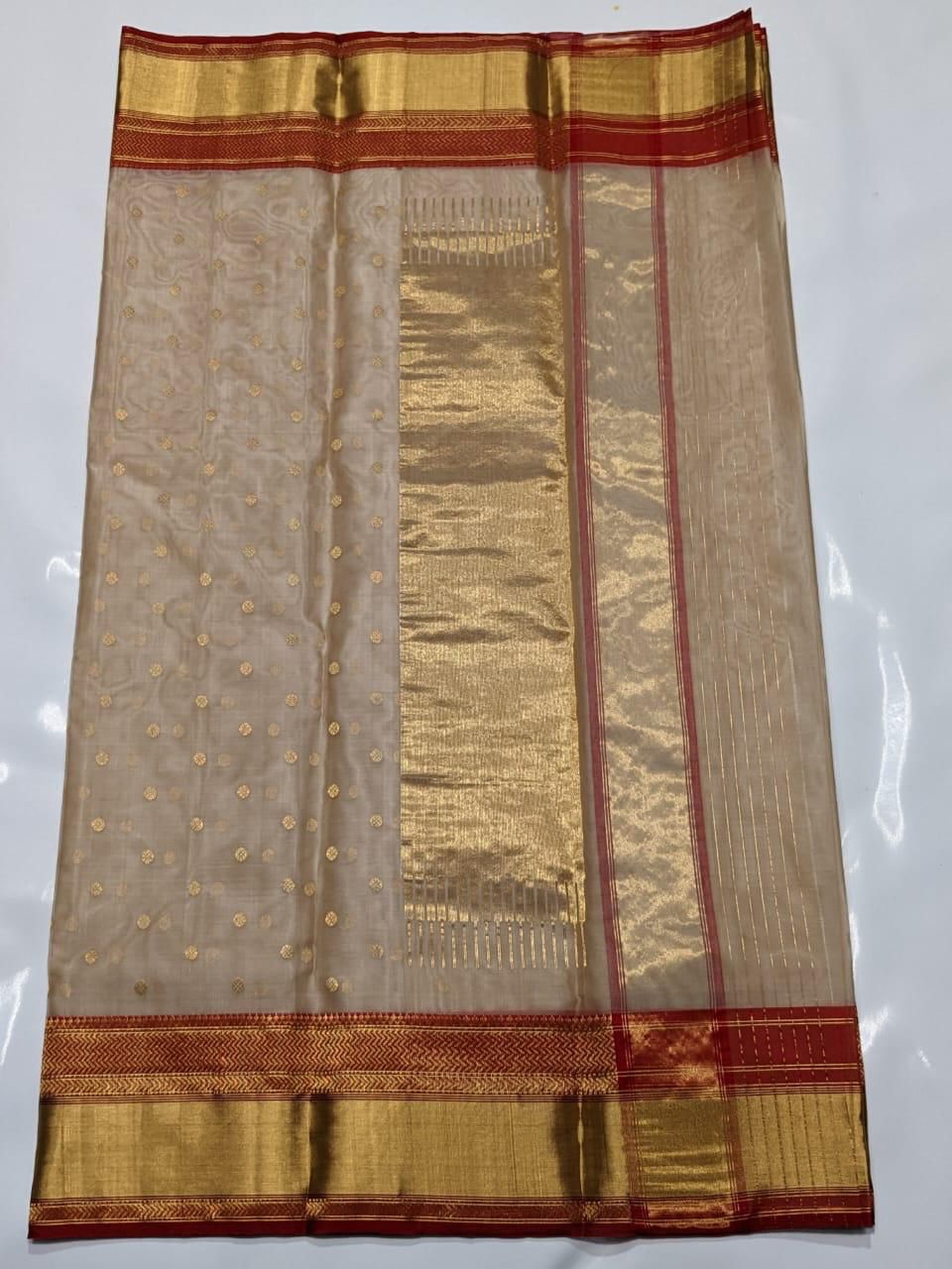 Beige Chanderi Handloom Katan Silk Handwork Saree