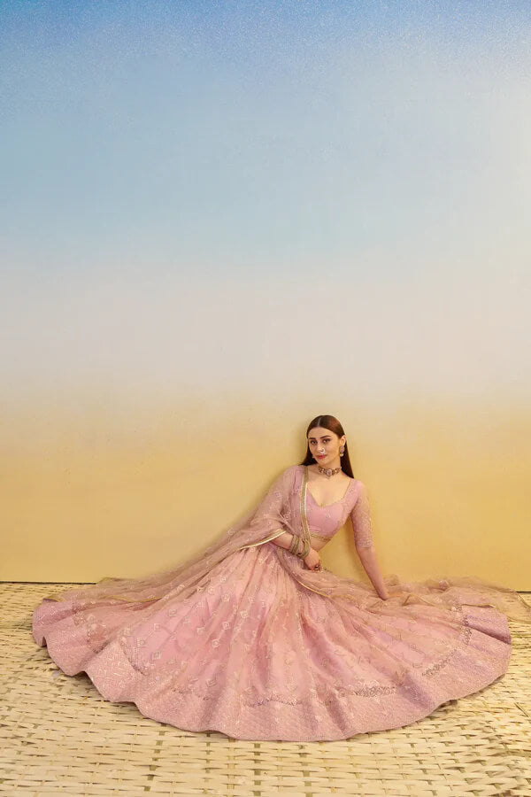 Party Wear Light Pink Net Lehenga Choli with Embroidery