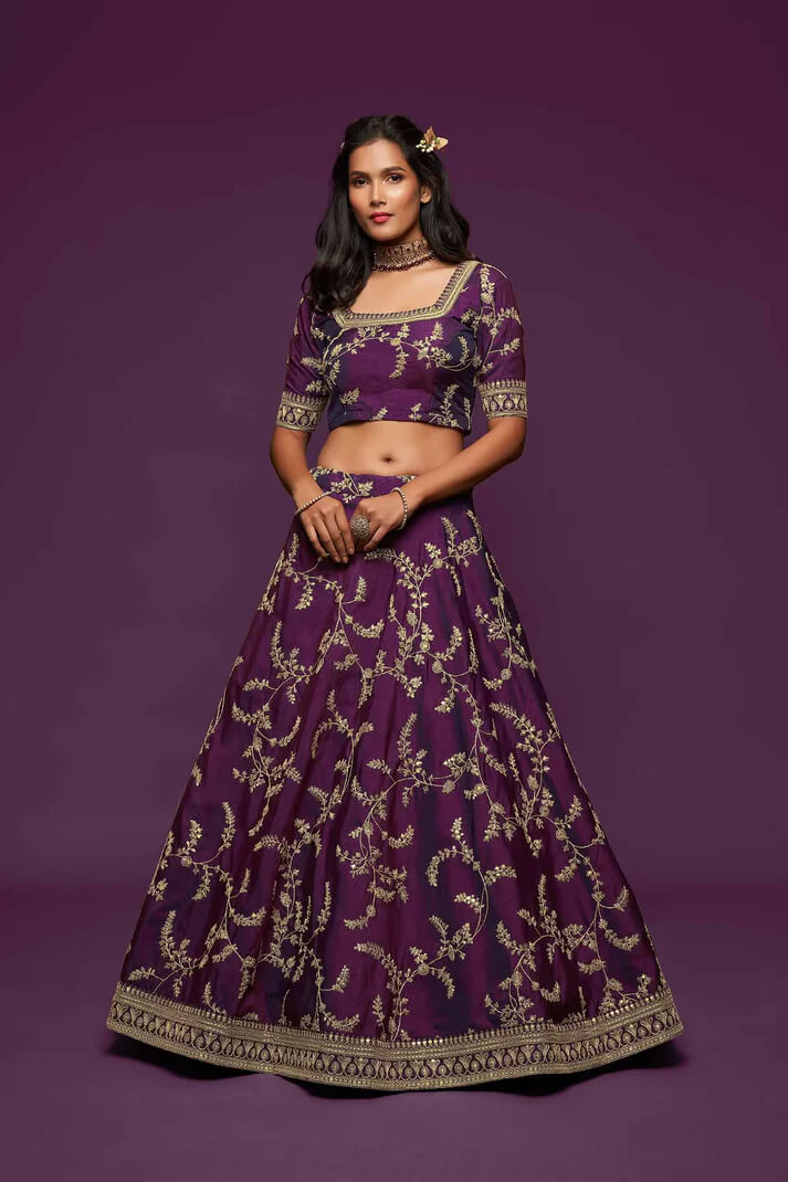 Wine Silk Lehenga with Thread, Zari & Sequins Work
