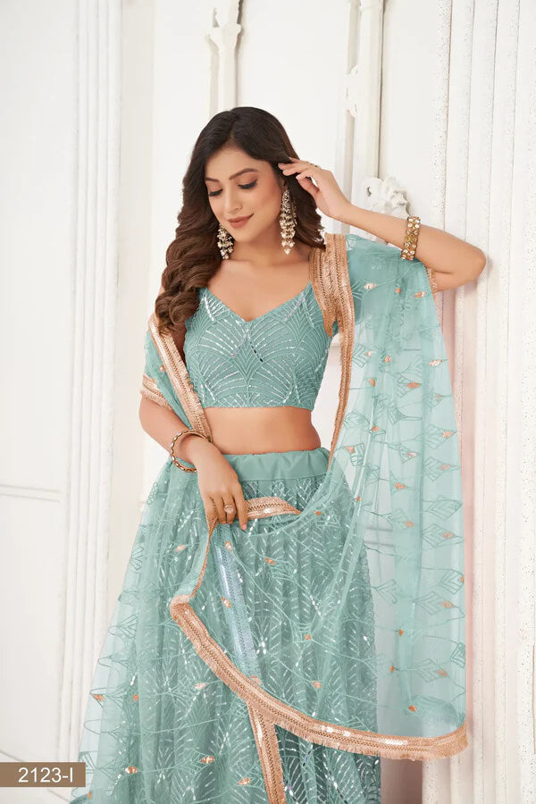 Ocean Blue Embroidered Net Lehenga Choli